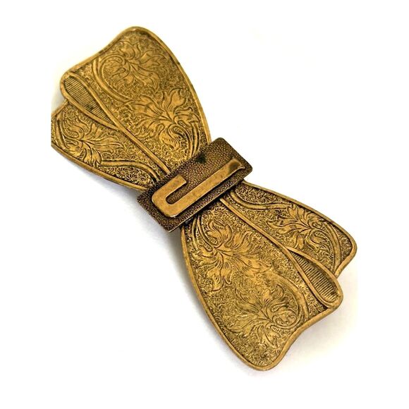 Art Deco Style Gold Tone Bow Brooch Initial J - Picture 4 of 5